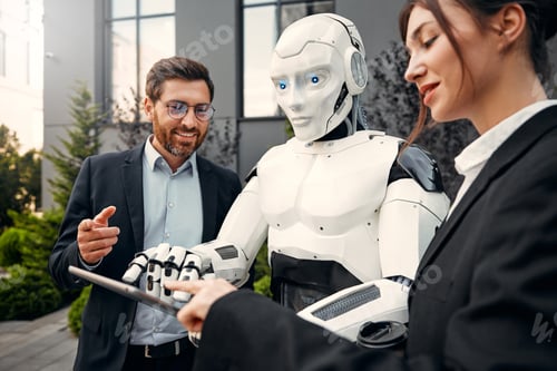 Preview: Robot with businessmen on the street near the building
