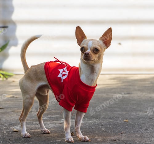 Preview: Adorable chihuahua wearing a red sweater stands on the sidewalk