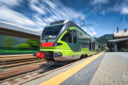 Preview: High-speed passenger train moving at railway station platform