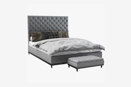 Preview: Light Gray Tufted Bed and Ottoman with Black Base