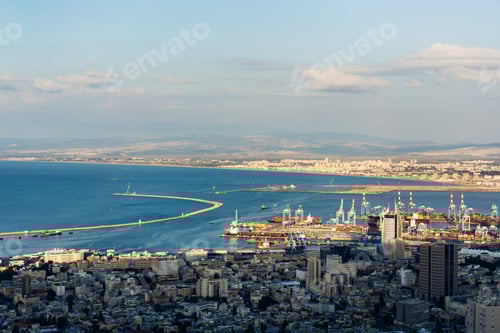 Preview: Aerial view industrial cargo port with ships and cranes