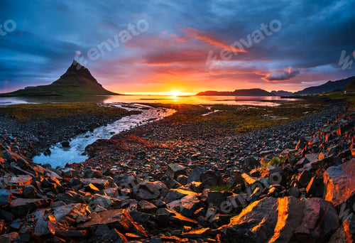 Preview: The picturesque sunset over landscapes and waterfalls. Kirkjufell mountain Iceland