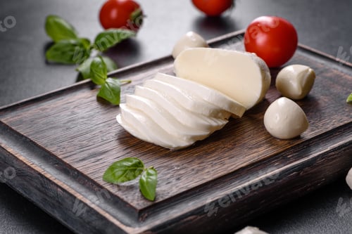 Preview: Italian caprese salad with sliced tomatoes, mozzarella cheese, basil, olive oil