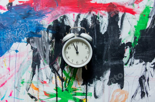 Preview: Vintage alarm clock in art paint. Above view
