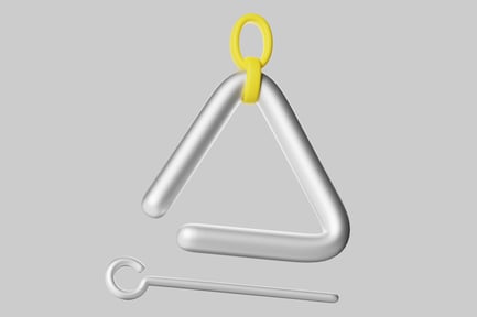 Instrumento de triángulo plateado con lazo amarillo