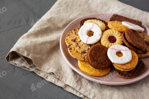 Preview: Variety of Biscuits on a pink Plate, side view. Space for text.