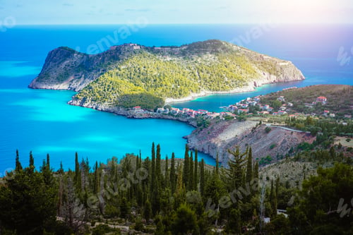 Preview: Picturesque view of Assos village and calm sea bay, Kefalonia island, Greece