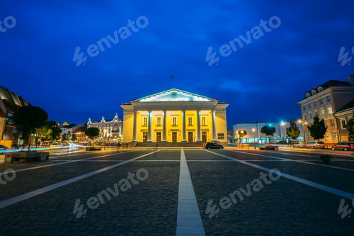 Preview: Vilnius Lithuania. Illuminated Town Council In Evening Didzioji
