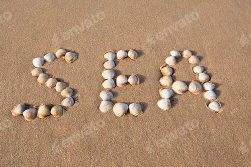 Preview: word "sea" shell written on beach sand