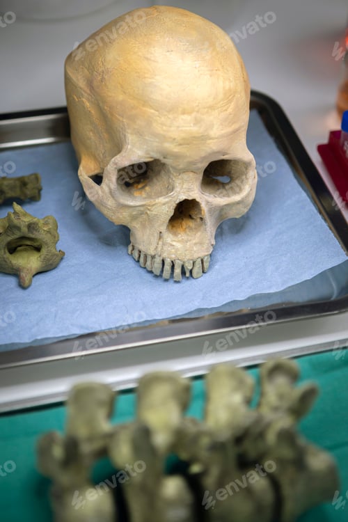 Preview: Skull adult person in murder investigation in a forensic laboratory, conceptual image