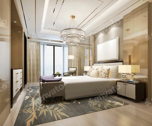 Preview: 3d rendering beautiful luxury bedroom suite in hotel with tv