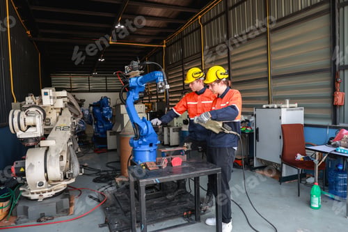 Preview: Caucasian male technicians in safety attire collaborating on robotic arm adjustments in workshop