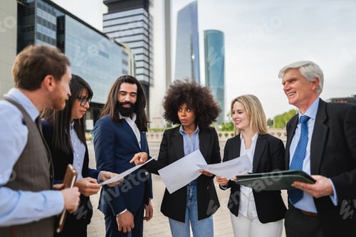 Vista previa: Empresarios multirraciales que trabajan al aire libre desde un edificio de oficinas: céntrese en el rostro de una mujer africana