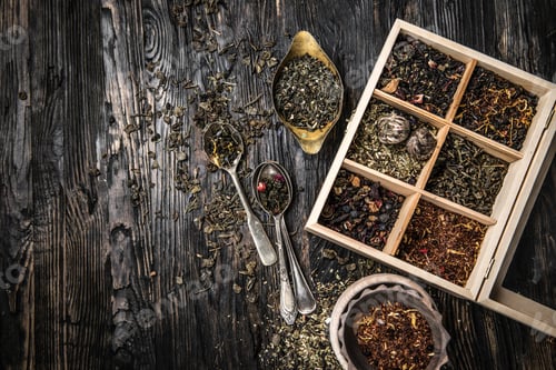 Preview: variety of teas, mixes in copper dish, topview