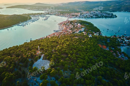 Preview: Panoramic view of islands in Adriatic Sea and hedge maze among forest trees