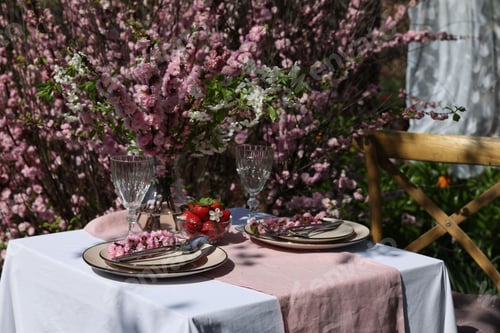 Preview: Stylish table setting with beautiful spring flowers in garden