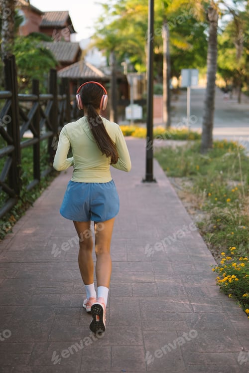 Preview: A young woman is jogging in a serene park setting, surrounded by nature in a beautiful afternoon
