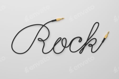 Preview: Cable with audio connector Rock word shaped on gray background. 3d rendering.