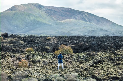 Preview: Back view of traveler woman enjoy unique volcanic landscapes of Lanzarote
