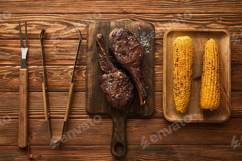Preview: top view of meat, corn on cutting boards and grill tools