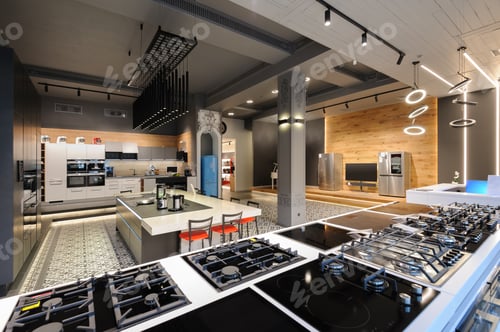 Preview: Brand new gas stoves in apliance store showroom