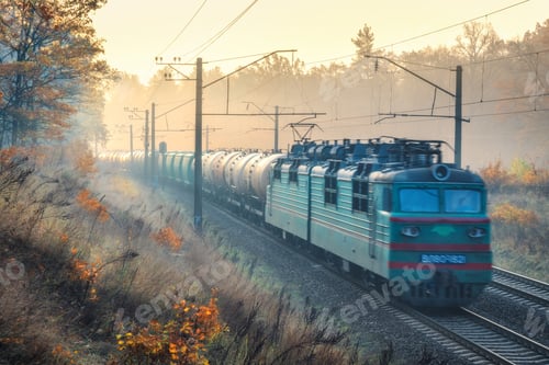 Preview: Moving freight train in beautiful forest in fog at sunrise