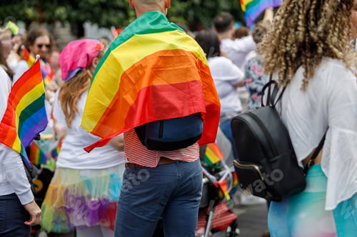 Preview: Diverse people are walking on a gay pride parade on the city streets with flags