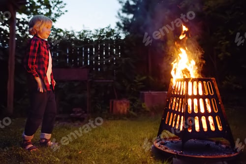 Preview: Cute little boy is burning a bonfire on a summer evening in the backyard.