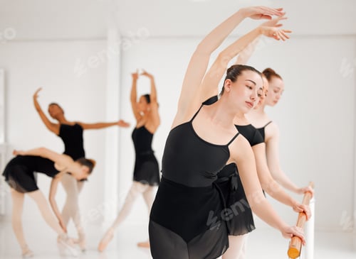 Preview: Twists and turns of the disciplined. Shot of a group of ballet dancers practicing a routine.