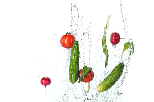 Preview: The Fresh Tomatos, Cucumbers, Radish In Spray Of Water.