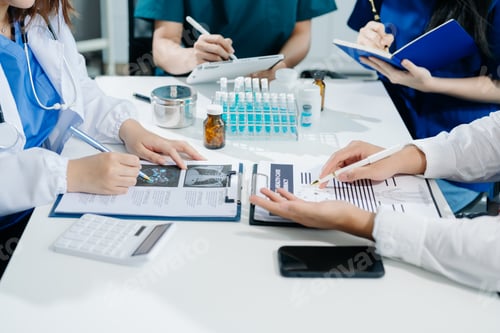 Preview: Medical team having a meeting with doctors in white lab coats and surgical scrubs seated at a table