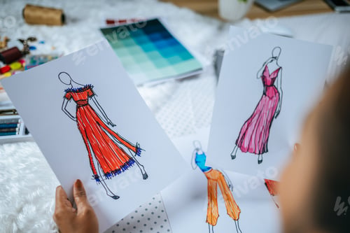 Preview: Young fashion designer looking on clothes sketch in hand