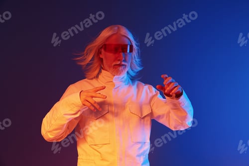 Preview: Futuristic person with silver hair in a white jacket and tinted glasses against a blue and purple