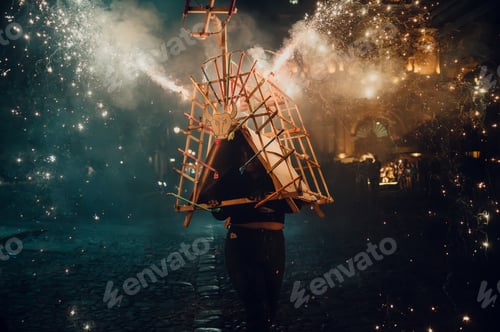 Preview: Night shot of girl running with firework bull in Antigua Guatemala