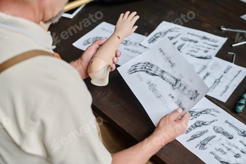 Preview: Close up of craftsman looking at detailed plans and blueprints of prosthetics