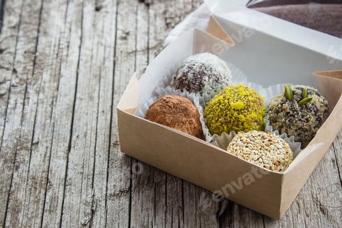 Preview: Healthy energy vegan raw balls- dried fruits, nuts with coconut chips, cacao, flax seeds, pistachios
