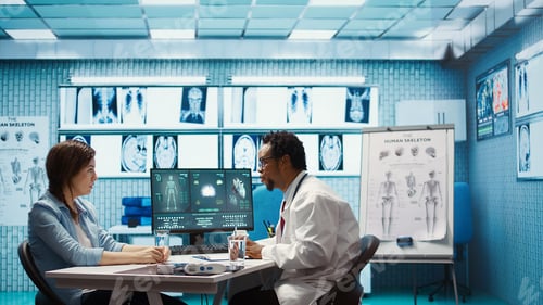 Preview: Physician explaining diagnostic report to woman patient in cabinet