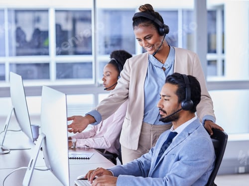 Preview: Business people, call center and mentor coaching consultant in telemarketing, sales or advice at th