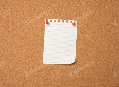 Preview: Blank sheet of paper pinned by button on brown cork board