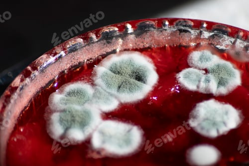 Preview: macro view of blue mold on strawberry jam, you can see round blue plaques of mold with spores on the