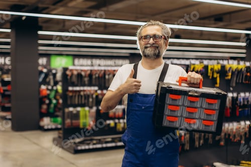 Preview: Handyman holding toolbox giving thumbs up