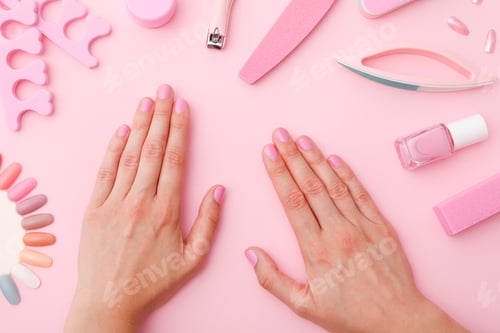 Preview: Female hands with manicure on pink background, top view