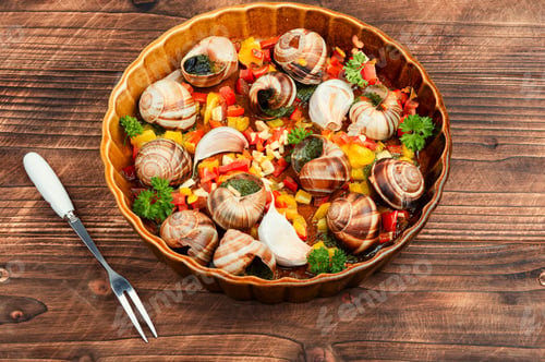 Preview: Edible stuffed snails, delicatessen food.