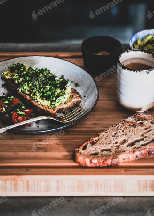 Preview: Vegan meal with avocado toast and cup of coffee