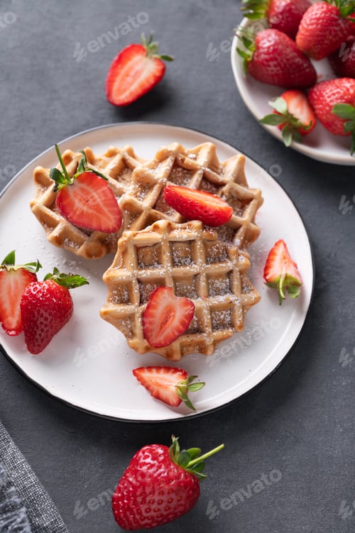 Vista previa: Homemade soft waffles with fresh strawberries and powdered sugar in a plate on a dark background