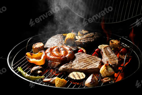 Preview: Assorted delicious meat and vegetables on barbecue grill