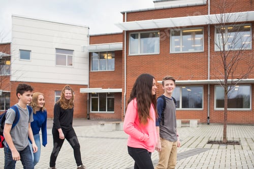 Visualização: Crianças (12-13) em frente ao prédio da escola