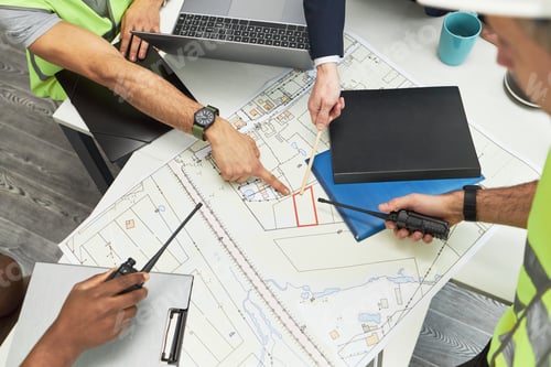 Preview: Multiethnic Middle Aged Foremen Discussing Construction Plans in Office