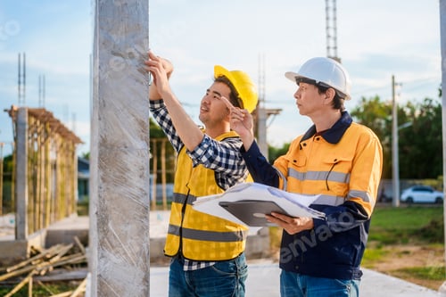 Preview: An elderly man and a middle-aged Asian man, both wearing hard hats and reflective vests, closely