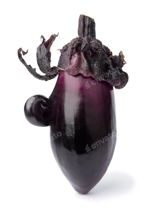 Preview: Deformed happy purple eggplant isolated on white background close up